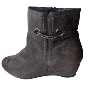 Gray Suede Moto Style Ankle Boot with Silver Chain Accent & 1.5” Wedge Heel